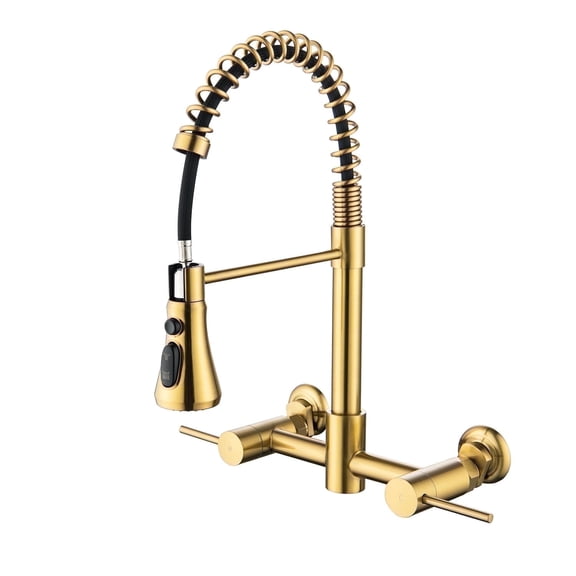 Wall Mount Kitchen Faucet, 8 Inch Center Wall Mount Kitchen Sink Faucet with Pull Down Sprayer Commercial, Brushed Gold