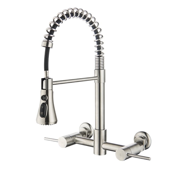 Wall Mount Kitchen Faucet, 8 Inch Center Wall Mount Kitchen Sink Faucet with Pull Down Sprayer Commercial, Brushed Nickel