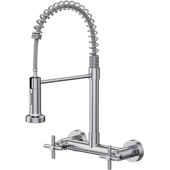 Wall Mount Kitchen Faucet, Brushed Nickel Kitchen Sink Faucet, 8 Inch 2 Handle Wall Mount Commercial Sink Faucet with Pull Down Sprayer for Kitchen Laundry Room Restaurant