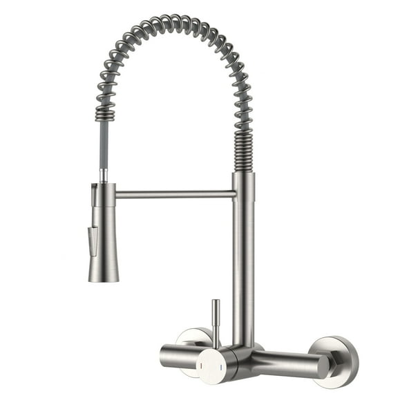 Wall Mount Kitchen Faucet Single Handles, 8 Inch Center Wall Commercial Utility Sink Faucet with Pull Out Sprayer 2 Modes, Stainless Steel, Brushed Nickel