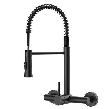 Wall Mount Kitchen Faucet Single Handles, 8 Inch Center Wall Commercial Utility Sink Faucet with Pull Out Sprayer 2 Modes, Stainless Steel, Matte Black