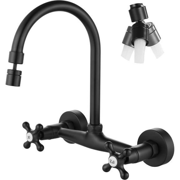 Wall Mount Kitchen Faucet with Sprayer Wall Mounted Kitchen Sink Faucet Double Cross Handles 360 Degree Swivel Spout Restaurant Mixer Tap Commercial 8 Inch Center Matte Black