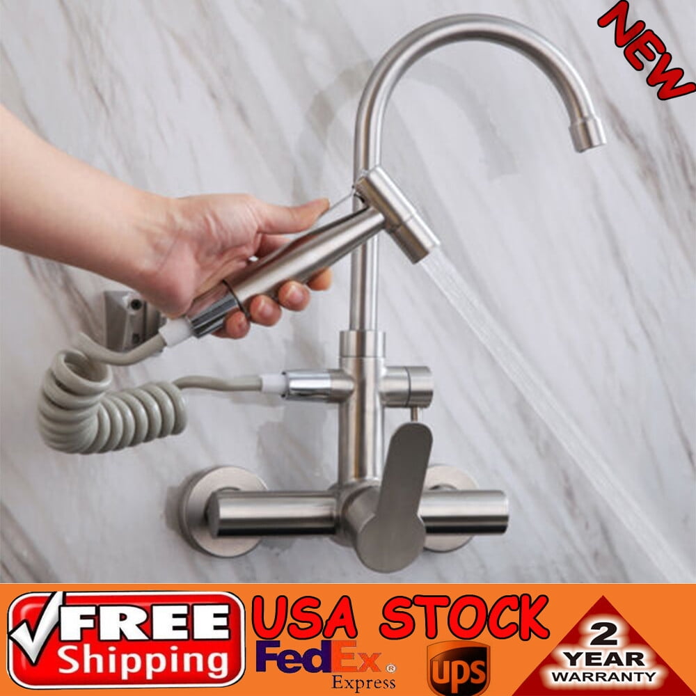 Wall Mount Kitchen Faucet Stainless Steel 360 Swivel Dual Hole Sink Tap Mixer