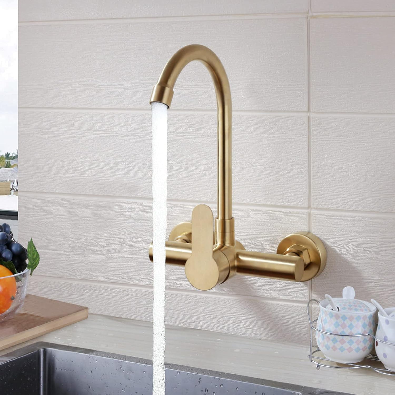 Wall Mount Kitchen Sink Faucet Brushed Gold,Stainless Steel Sink Mixer ...