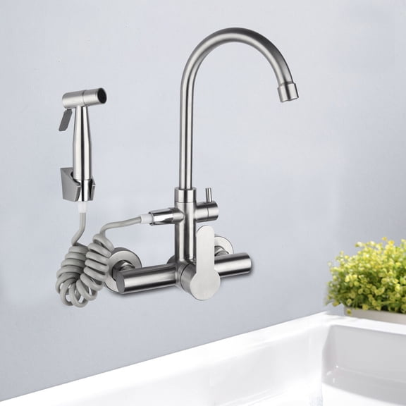 Wall Mount Kitchen Sink Faucet One Handle 2 Holes Mixer Tap Stainless Steel