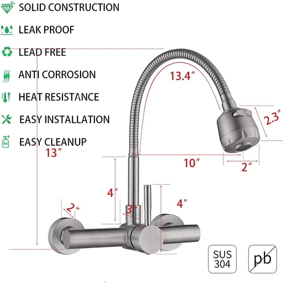 Wall Mount Kitchen Sink Faucet with Sprayer 8" Inch Center, Brushed Nickle Stainless Steel Sink Mixer Tap, Laundry Utility Faucets with Dual Functional Sprayer