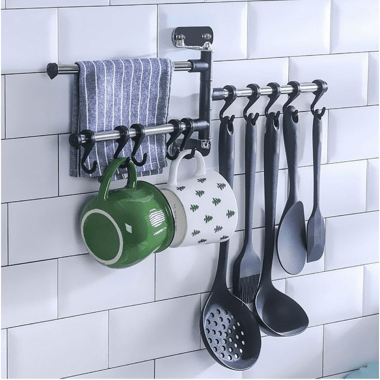Wall Mount Steel 24 Inch Kitchen Rail Rack Rod with 20 S-Hooks for Cookware  Utensil Oganizer Aprons Oven Mitt and Gloves Set of 2 Black : :  Home & Kitchen