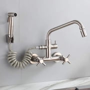 Wall Mount Kitchen faucets, Pull-Out Spray Gun, 304 Stainless Steel, Two Handle Kitchen in-Wall,hot Water Sink, Sink, Laundry Pool-Seven-Word Tube Double Water