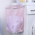 thumbnail image 1 of Wall Mount Laundry Basket | Folding Mesh Nylon Dirty Clothes Hamper | Hanging Storage Bag for Bathroom, Bedroom | Pink | 1-Pack, 1 of 5