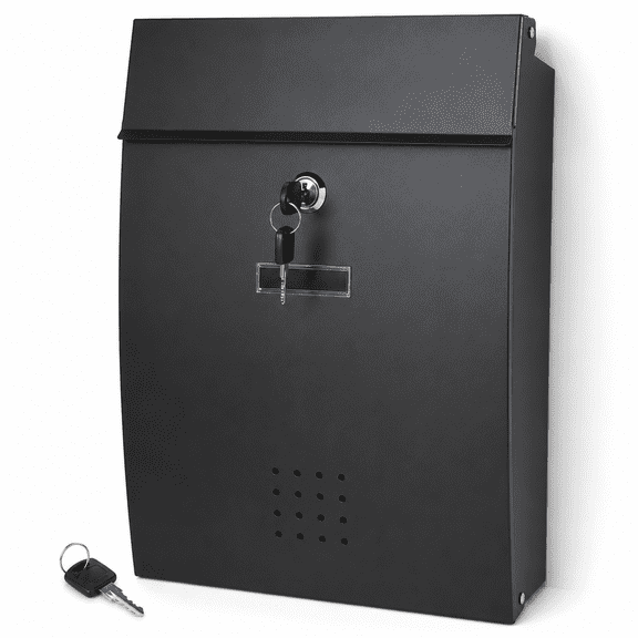 Wall Mount Locking Mailbox, Black Metal Mail Box with Key Lock, Large Capacity Outdoor Mailbox for Letters, Magazines and Envelopes, Weather Resistant Powder Coated Steel