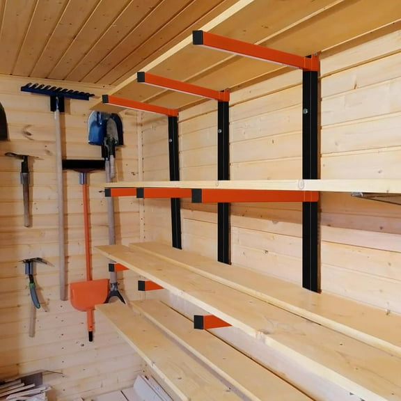 Wall Mount Lumber Rack with 3 Levers, Heavy Duty Storage for Garage & Indoor Use, Orange (4 Pack)