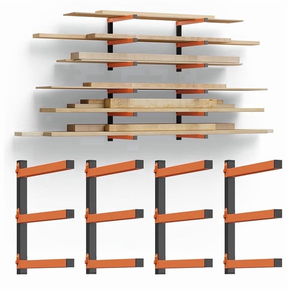 Wall Mount Lumber Storage Rack 4 Pack, 3-Level Heavy Duty Metal Wood Organizer, Indoor & Outdoor Cantilever Shelves for Garage Woodworking Shop Organization