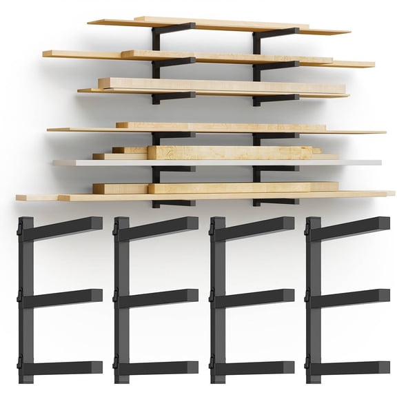 Wall Mount Lumber Storage Rack 4 Pack, 3-Level Heavy Duty Metal Wood Organizer, Indoor & Outdoor Cantilever Shelves for Garage Woodworking Shop Organization