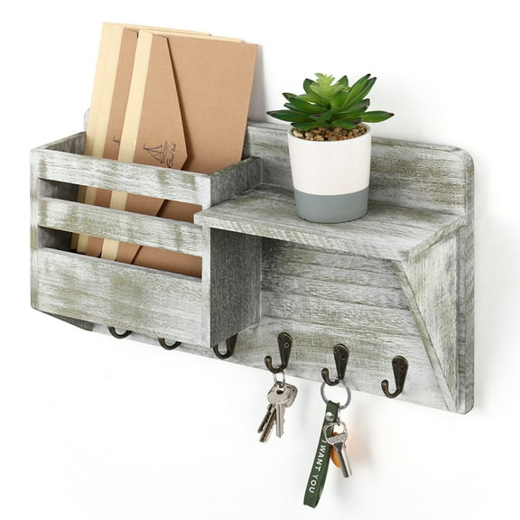Wall Mount Mail & Key Holder Organizer with 6 Key Hooks, 1 Compartment, and Shelf Rustic Gray