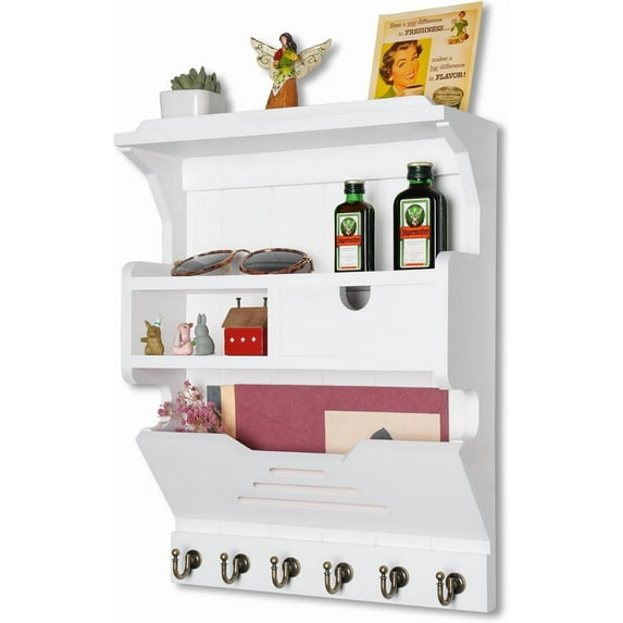 Wall Mount Mail Organizer with Storage Drawer and 6 Hooks, Easy Installation Key Rack for Entryway and Home Decor, Luxury White
