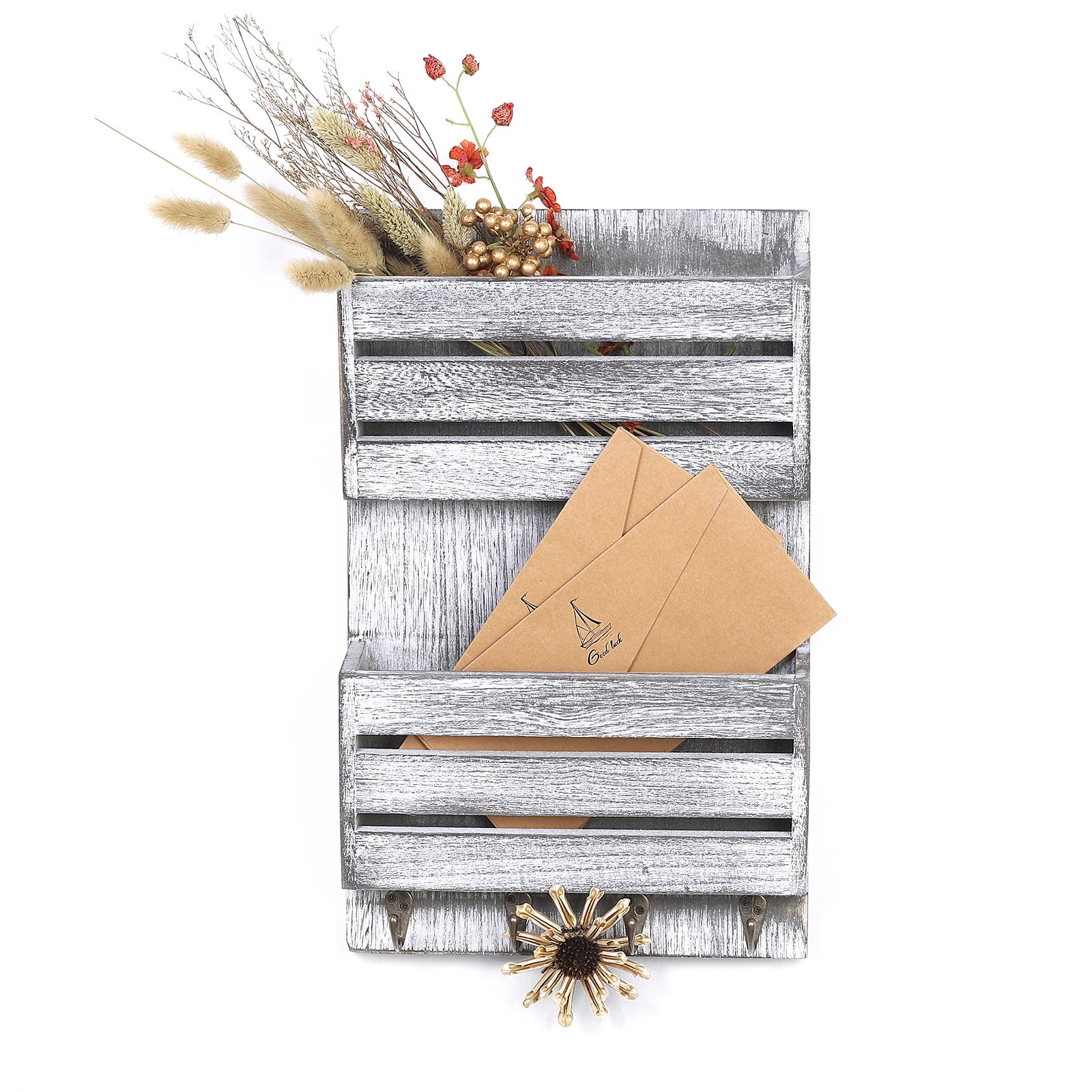Wall Mount Mail Sorter with 4 Hooks Wooden Rustic 2 Slot Mail Magazine Storage Key Holder Leash Hanging Coat Rack Newspaper Letter Organizer Wall Decor for Entryway Hallway Office Grayish White Walmar...