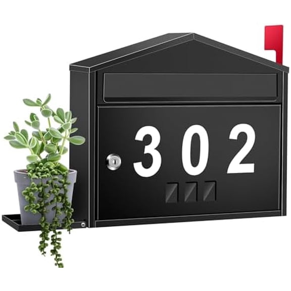 Wall-Mount Mailbox with Flag, Large Capacity Mailboxes for Outside House with Planter Holder & 3 Sets of 0-9 Number Stickers, Locking Galvanized Steel Rust-Proof Post Box Metal Mail Box with Key Lock