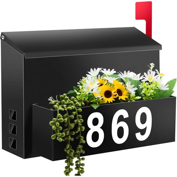 Wall-Mount Mailbox with Flag, Large Capacity Mailboxes for Outside | Metal Mail Box with Planter & 3 Sets of 0-9 Mailbox Number Stickers, Rust-Proof Galvanized Steel Post Box for House