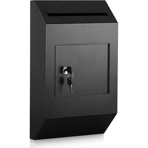 Wall-Mount Mailbox, Heavy Duty Deposit Drop Box Suggestion Box, Locking Metal Key Drop Box with Key Lock, Cash Deposit Box Safe Storage Box Postbox for Home & Business Use, Black