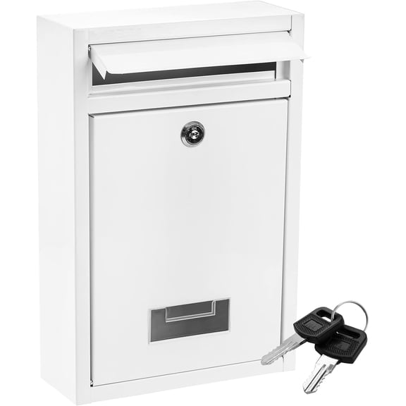 Wall Mount Mailbox with Key Lock, Locking Mail Box for Outside, Steel Cover Metal Dropbox, Security Postbox with Slot for Envelope, Letter, Home, Office, 12.6" H x 8.5" L x 3.3" W, White