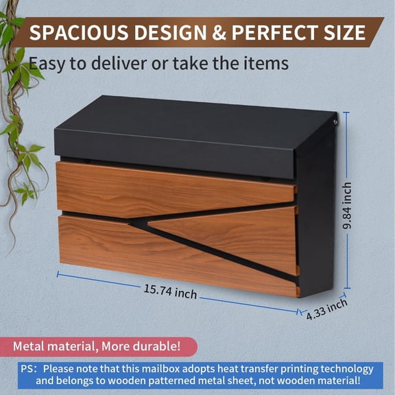 Wall Mount Mailbox Large Capacity Galvanized Steel Rust-Proof Metal Post Box Drop for Outside House Black Wooden Patterned Sheet