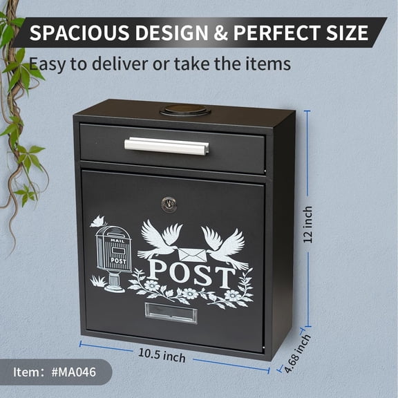 Wall Mount Mailbox Large Capacity Galvanized Steel Rust-Proof Metal Post Drop Box with Lanterns for Outside House Black