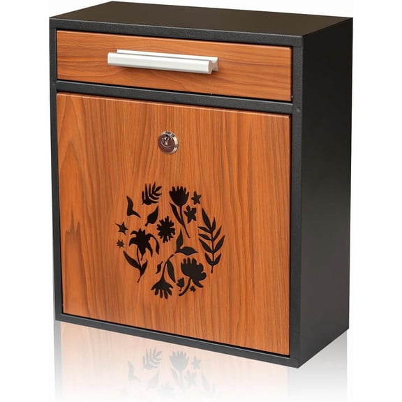 Wall Mount Mailbox, Large Capacity Mailbox for House Outside Galvanized Steel Rust-Proof Metal Post Drop Box, 12"10.5"4.7" Flower Hollowed Wooden Patterned Metal Sheet Black
