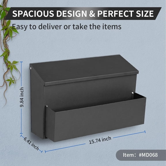 Wall Mount Mailbox Large Capacity with Flower Planter and Number Stickers Galvanized Steel Rust-Proof Metal Post Drop Box for House Outside Black