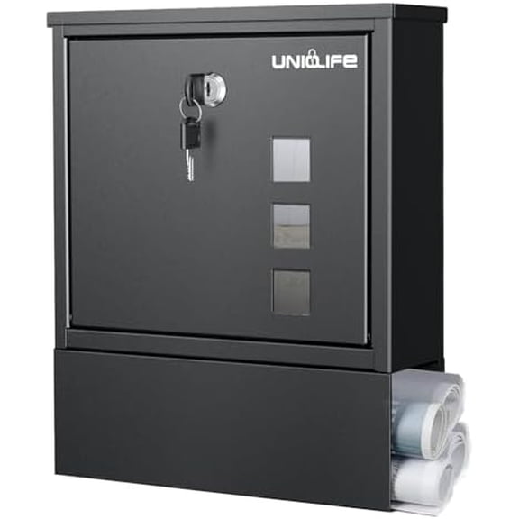 Wall Mount Mailbox, Mailboxes for Outside, Large Modern Mail Box with Key Lock, Security Locking Drop Box for Newspaper House Office Outdoor, Black