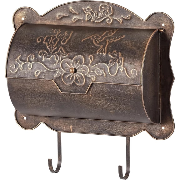 Wall Mount Mailbox, Metal Horizontal Vintage Mail Box with Newspaper Holder, Hummingbird Accent for Front Porch Outdoor, 17" x 5" x 17"