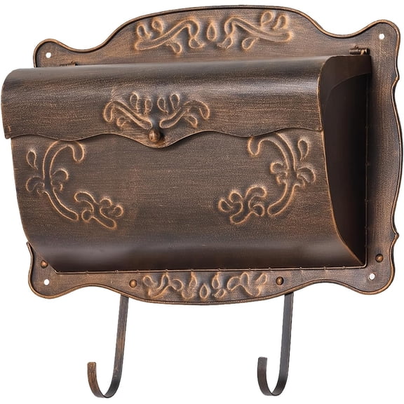 Wall Mount Mailbox with Newspaper Holder, Vintage Metal Wall Mailboxes for Outside, Decorative Front Porch Mail Box Mounted, Horizontal Mailbox with Antique Floral Design for Outdoor and House Garden