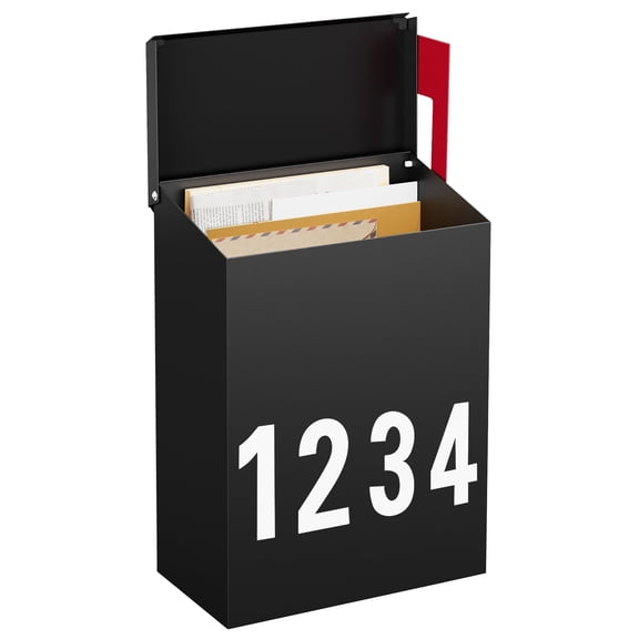Wall-Mount Mailbox with One Flag Kit and Three Sets of 0-9 Mailbox Number Stickers, Mailboxes for Outside, Galvanized Steel Rust-Proof Metal Post Box, 3.9" D x 7.1" W x 10.24" H
