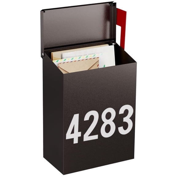 Wall-Mount Mailbox with One Flag Kit and Three Sets of 0-9 Mailbox Number Stickers, Mailboxes for Outside, Galvanized Steel Rust-Proof Metal Post Box, 3.9" D x 7.1" W x 10.24" H