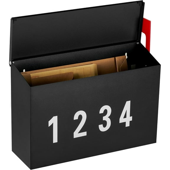 Wall-Mount Mailbox with One Flag Kit and Three Sets of 0-9 Mailbox Number Stickers, Mailboxes for Outside, Galvanized Steel Rust-Proof Metal Post Box, 4.33" Dx14.2 Wx10.43 H, Black