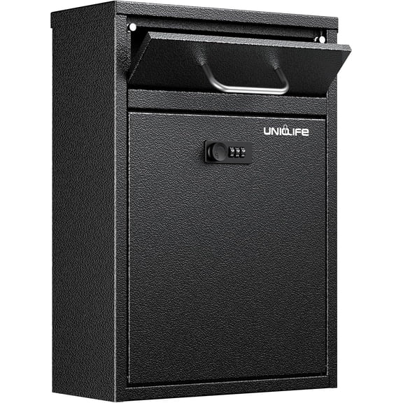 Wall Mount Mailbox for Outside, Anti-Theft Heavy Duty Locking Mailbox, Large Mailbox with Combination Lock, Security Mail Box, Safe Key Drop Box, Post Box, Steel Cash Drop Box for Home, Black