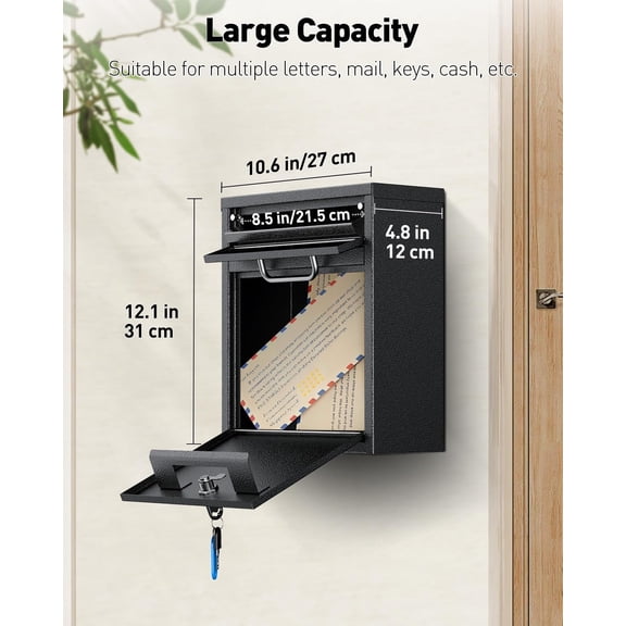 Wall Mount Mailbox for Outside, Anti-Theft Heavy Duty Locking Mailbox, Small Mailbox with Key Lock, Security Mail Box, Safe Key Drop Box, Post Box, Steel Cash Drop Box for Home Office, Black