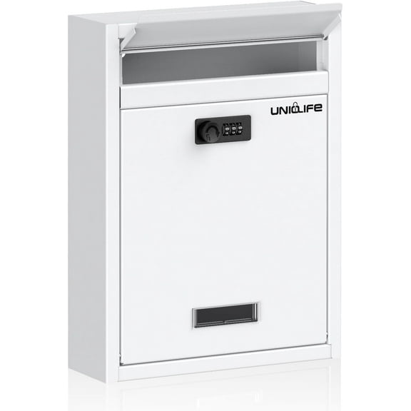 Wall Mount Mailbox for Outside, Large Locking Mailbox with Combination Lock, Security Mail Box for House, Safe Key Drop Box, Post Box, Steel Cash Drop Box for Home Office School, White