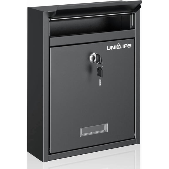 Wall Mount Mailbox for Outside, Locking Mail Box, Large Mailbox with Key Lock, Security Mail Box for House, Safe Key Drop Box, Post Box, Steel Cash Drop Box for Home Office School, Black