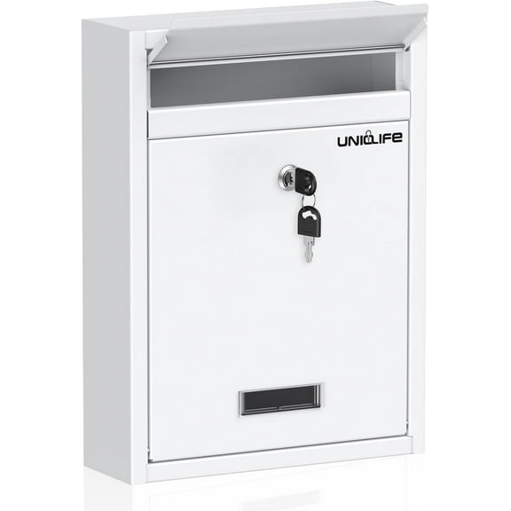 Wall Mount Mailbox for Outside, Locking Mailbox, Large Mailbox with Key Lock, Security Mail Box for House, Safe Key Drop Box, Post Box, Steel Cash Drop Box for Home Office School, White