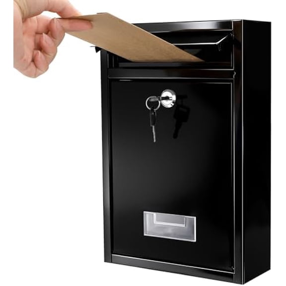Wall Mount Mailbox for Outside, Mail Box with Key Lock, Steel Cover Metal Drop Box, Dropbox with Slot for Envelope, Home, Office Business, Decor, 12.6" H x 8.5" L x 3.3" W, Black$$