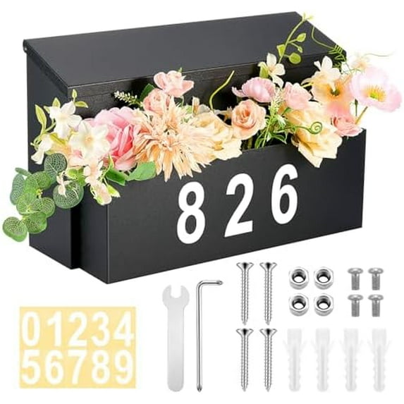 Wall Mount Mailbox with Planter Box, Large Capacity Galvanized Steel Outdoor Mailbox, Rustproof Decorative Black with Number Stickers for House Outside$$Tools & Hardware Other