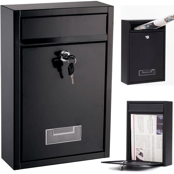 Wall Mount Mailbox, Steel Cover Metal Drop Box, Slot Mail Boxes with Key Lock for Outside, for Home, Office Business,12.6" H x 8.7" L x 3.35" W, Black