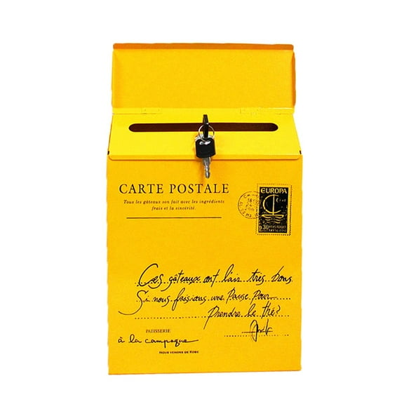 Wall Mount Mailbox, Vintage Iron Postal Letter Box with Lock, Double Hook Easy Installation Decorative Home Newspaper Box 30x23x6cm, Yellow