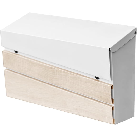 Wall-Mount Mailbox, White Walnut Wood Panel, Rust Resistant Large Capacity House Mailbox, Modern Drop Mailboxes for Outside, Metal Post Box (No Keys Locking)