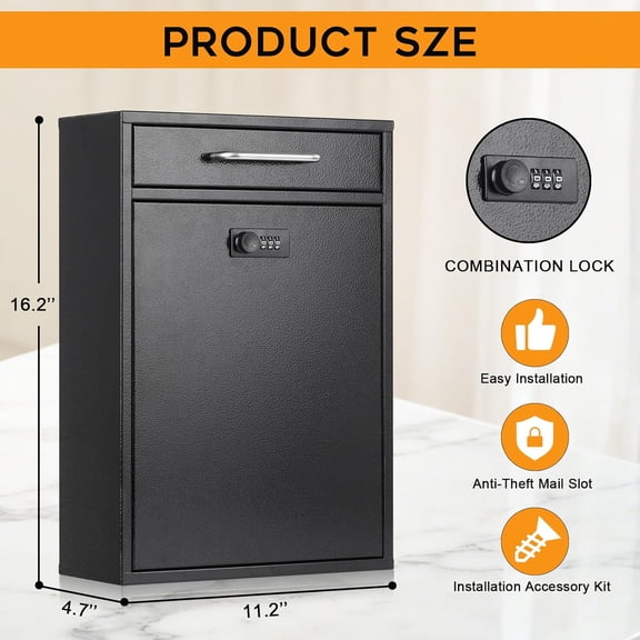 Wall Mount Mailbox with Combination Lock, Heavy Duty Metal Security Postbox for Letters and Newspapers, Black XL Large