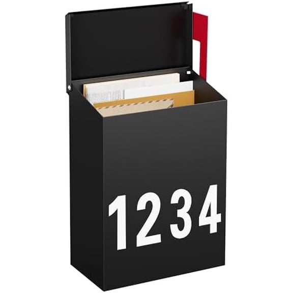 Wall-Mount Mailbox with Flag & 3 Sets Number Stickers - Galvanized Steel Rust-Proof Metal Post Box for Outside (Black, 3.9"D x 7.1"W x 10.24"H)