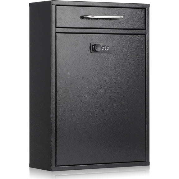 Wall Mount Mailboxes with Combination Lock, Wall Mail Box for Outside, Locking Mailbox with Lock, Hanging Secured Postbox, Security Key Drop Box, 17.6H x 12.2L x 5.7W Inches, Black, XL Large