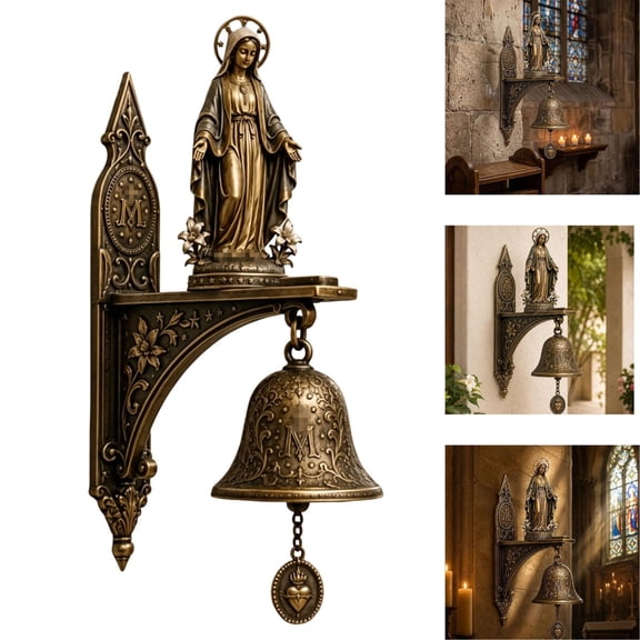 Wall Mount Mary Religious Figurine Bell Virgin Statue Religious Bell Wall Mount Religious Figurine Bell Antique Bronze Hanging Prayer Bell Catholic Wall Decor for Altar Church Devotional Gifts,A