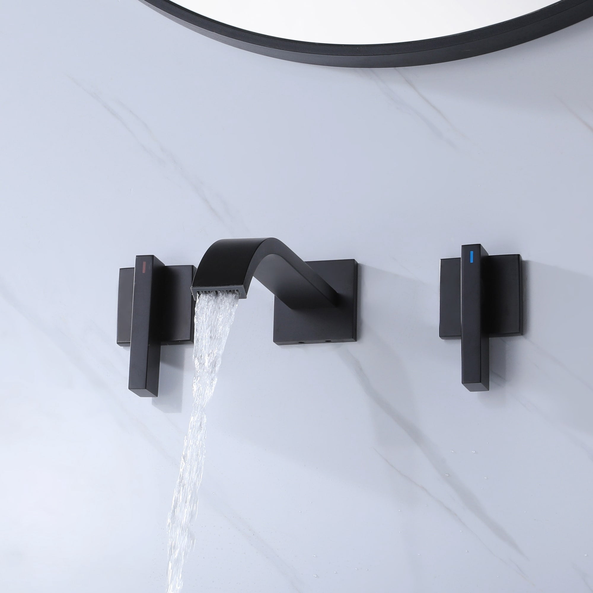 Matte Black Widespread Bathroom Faucet – 3-Hole, 8 Inch Spread, With Waterfall Spout & Pop-Up Drain
