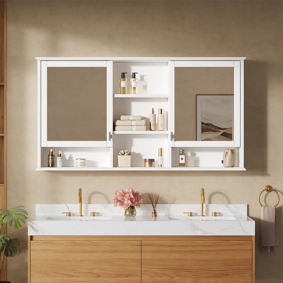 Wall Mount Medicine Cabinet, 55-Inch 2-in-1 Mirror Cabinet with Adjustable Shelves, Soft-Closing Hinges, High-Definition Mirror, White, 55 Inch Mirror Cabinet with Adjustable Shelves